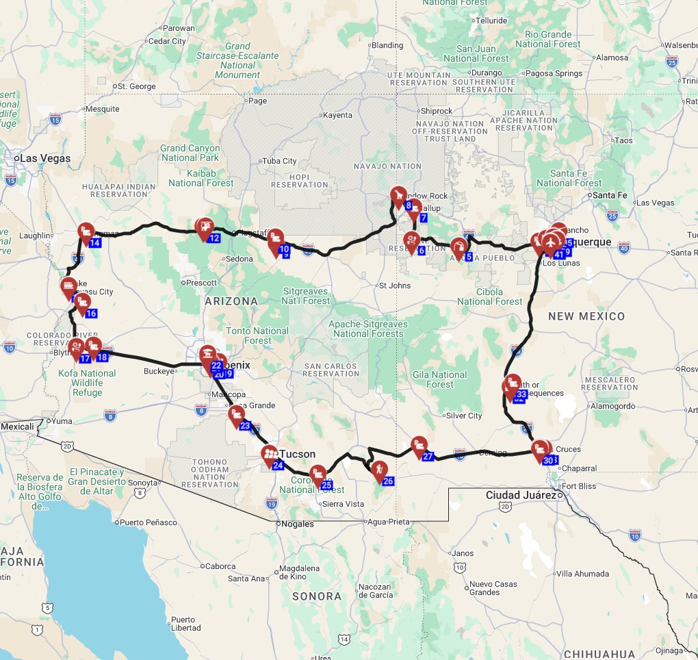 Map for Albuquerque Roundtrip - Southwest Desert Motorhome Itinerary